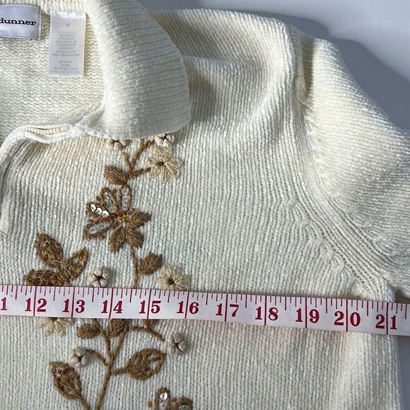 Vintage Alfred Dunner Cream Chenille 1/4 Zip Sweater Sz Medium  Brown Flowers - Picture 7 of 8